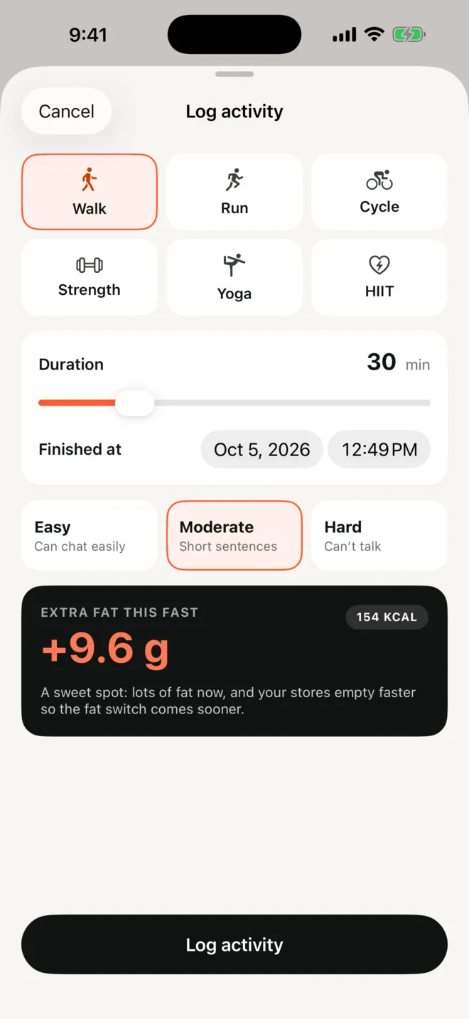 Log activity: a 30 minute moderate walk adds 9.6 grams of extra fat to this fast